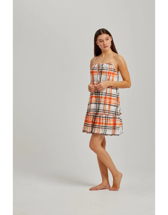 Turuncu Ekose Ip Askılı Gecelik