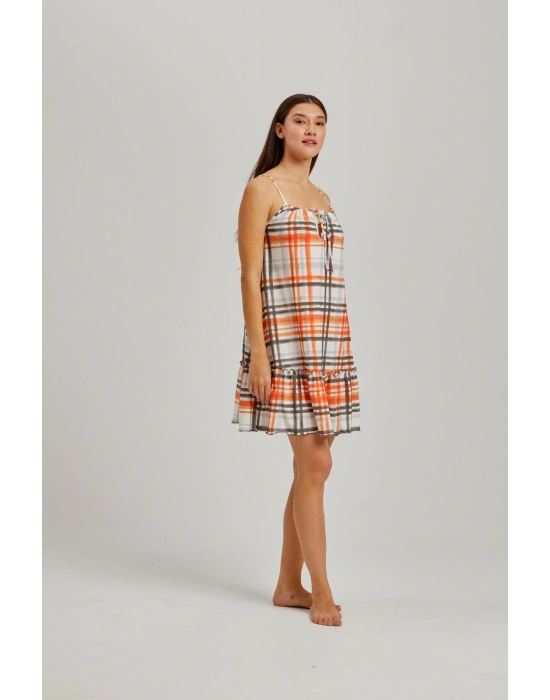 Turuncu Ekose Ip Askılı Gecelik