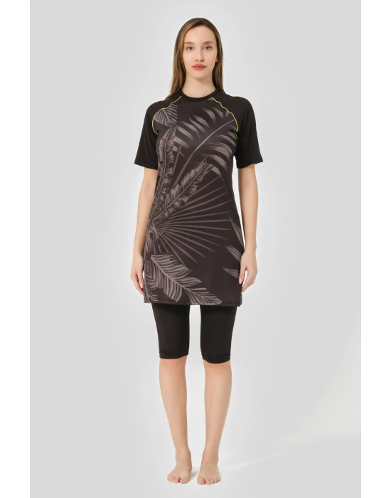 Hızlı Kuruyan Desenli Reglan Yarım Kol Yarı Kapalı Tesettür Mayo 24708-25 Siyah