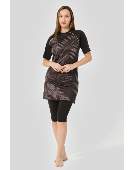 Hızlı Kuruyan Desenli Reglan Yarım Kol Yarı Kapalı Tesettür Mayo 24708-25 Siyah