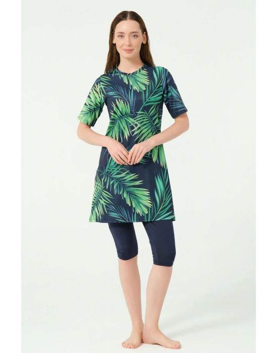 Üstü Desenli Yarı Kapalı Tesettür Mayo 24712-25 Lacivert