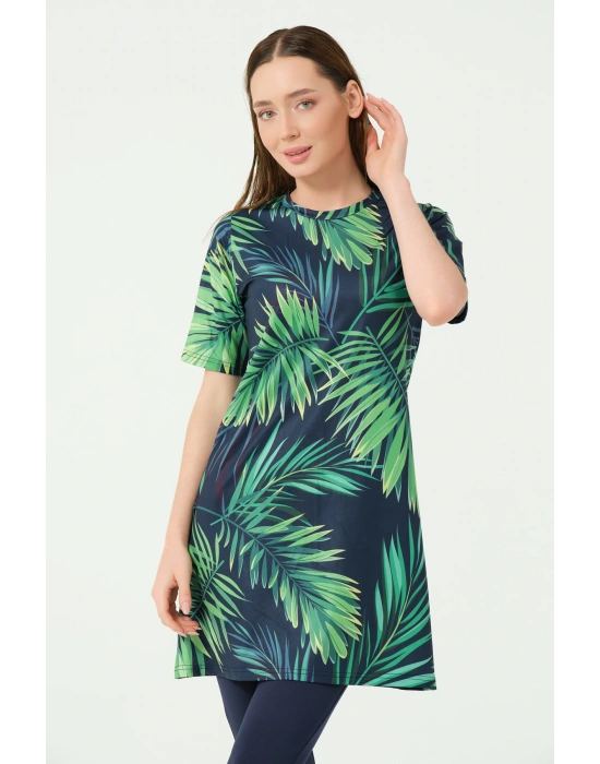 Üstü Desenli Yarı Kapalı Tesettür Mayo 24712-25 Lacivert