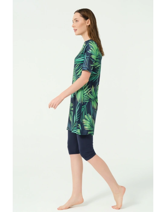 Üstü Desenli Yarı Kapalı Tesettür Mayo 24712-25 Lacivert