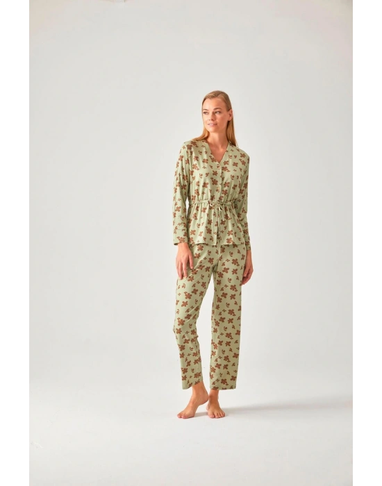 Fıstık Yeşil Çiçek Desenli Belden Bağlı Viskon Kadın Pijama Takımı