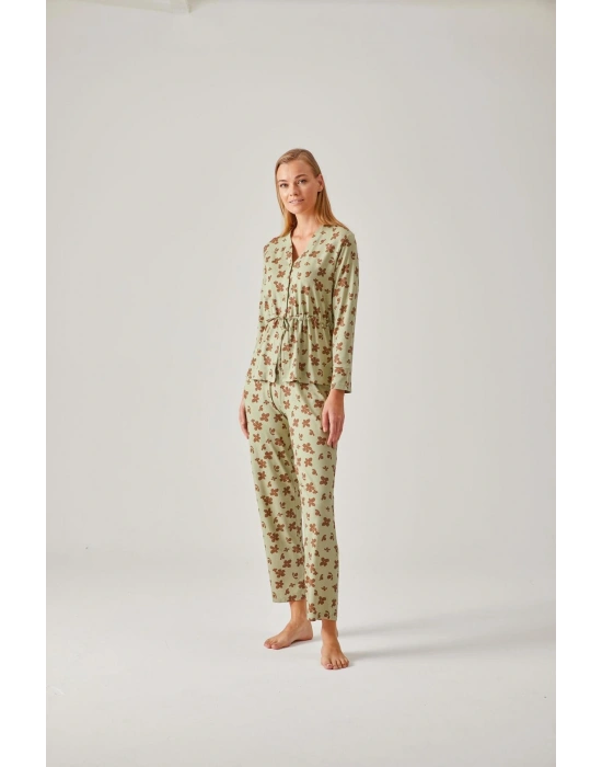 Fıstık Yeşil Çiçek Desenli Belden Bağlı Viskon Kadın Pijama Takımı