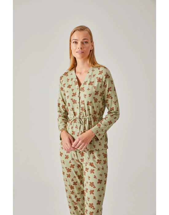 Fıstık Yeşil Çiçek Desenli Belden Bağlı Viskon Kadın Pijama Takımı