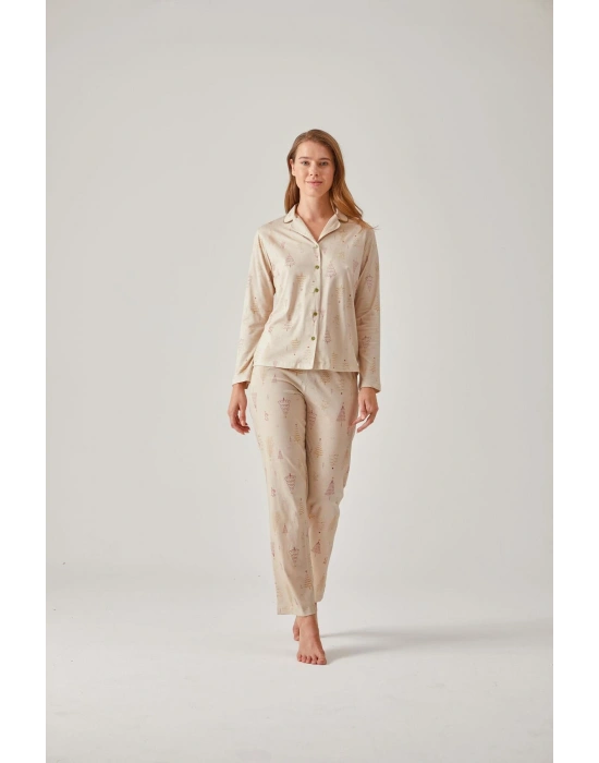 Çam Ağaç Desenli Önden Düğmeli Modal Pamuk Kadın Pijama Takımı