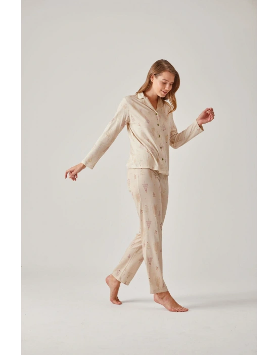 Çam Ağaç Desenli Önden Düğmeli Modal Pamuk Kadın Pijama Takımı
