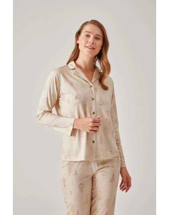 Çam Ağaç Desenli Önden Düğmeli Modal Pamuk Kadın Pijama Takımı