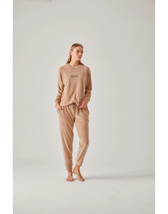 Bej Wild Taş Baskılı Kadife Kadın Pijama Takımı