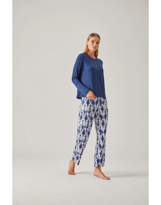 Lacivert Tişört & Lacivert Batik Viskon Kadın Pijama Takımı