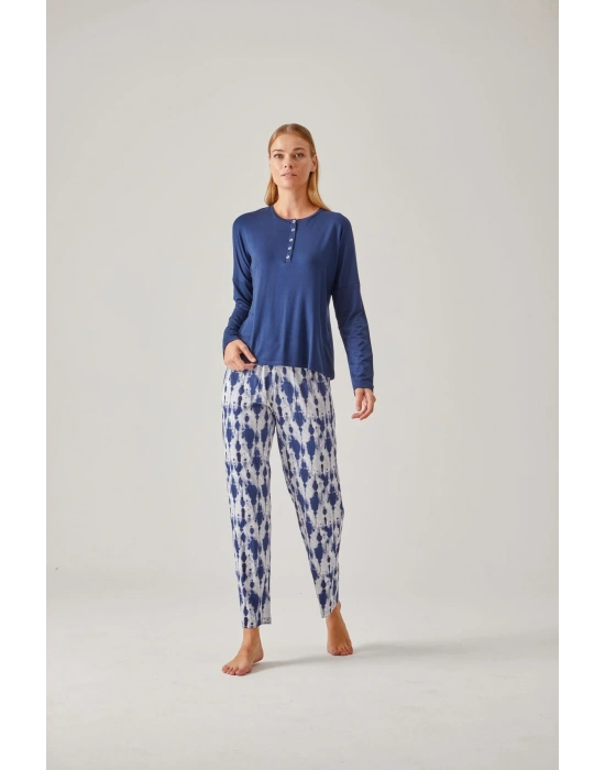 Lacivert Tişört & Lacivert Batik Viskon Kadın Pijama Takımı