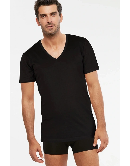 Enrico V Yaka Pamuk 2li Erkek Tshirt Siyah