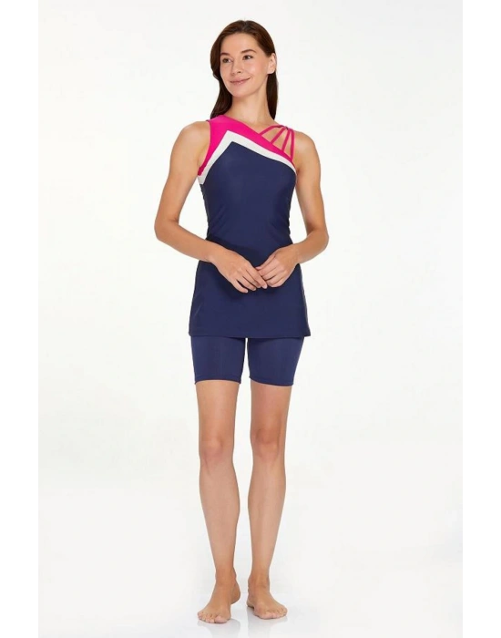 Kolsuz Yarı Kapalı Şortlu Mayo Eva 3059 Koyu Lacivert