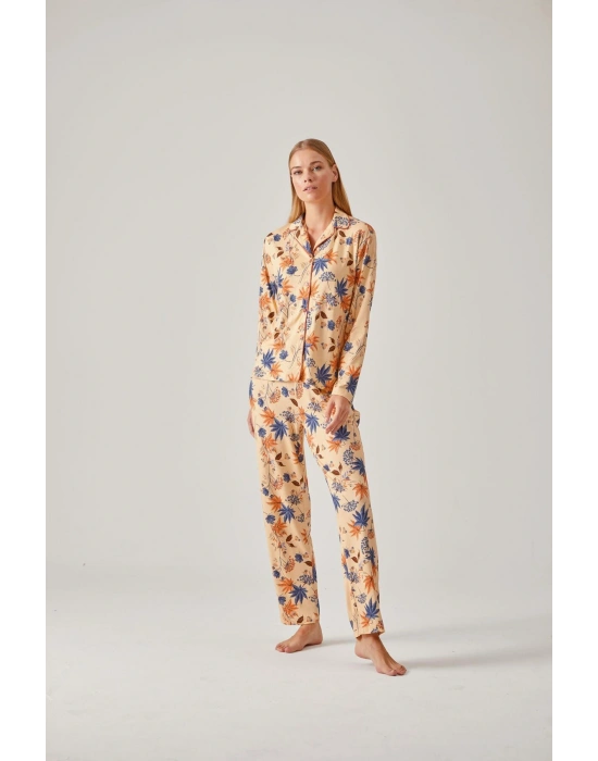 Kayısı Rengi Çiçek Desen Önden Düğmeli Viskon Kadın Pijama Takımı