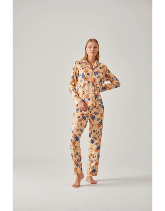 Kayısı Rengi Çiçek Desen Önden Düğmeli Viskon Kadın Pijama Takımı