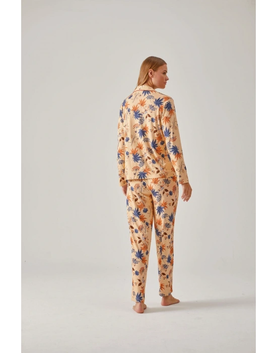 Kayısı Rengi Çiçek Desen Önden Düğmeli Viskon Kadın Pijama Takımı