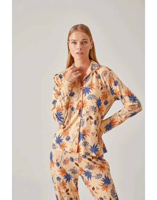 Kayısı Rengi Çiçek Desen Önden Düğmeli Viskon Kadın Pijama Takımı