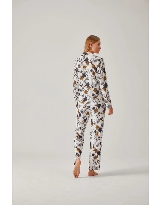 Siyah Ceviz Yeşil Çiçek Desen Önden Düğmeli Viskon Kadın Pijama Takımı