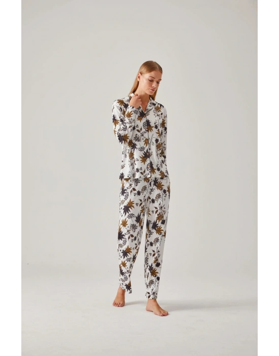 Siyah Ceviz Yeşil Çiçek Desen Önden Düğmeli Viskon Kadın Pijama Takımı