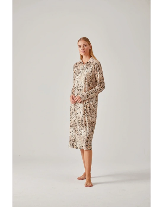 Leopar Siyah Desenli Viskon Kadın Gecelik