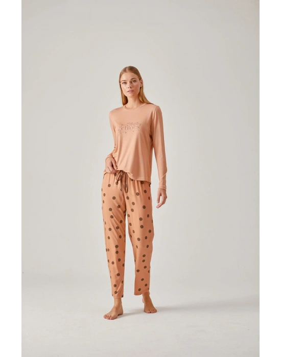 Somon Baskılı Tişört Puantiye Pantolon Viskon Kadın Pijama Takımı