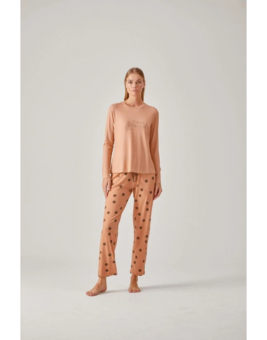 Somon Baskılı Tişört Puantiye Pantolon Viskon Kadın Pijama Takımı