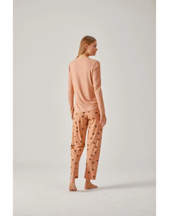 Somon Baskılı Tişört Puantiye Pantolon Viskon Kadın Pijama Takımı