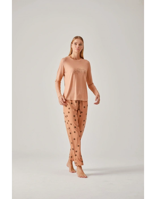 Somon Baskılı Tişört Puantiye Pantolon Viskon Kadın Pijama Takımı
