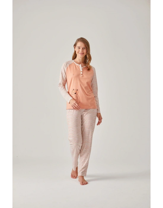 Turuncu Çizgili Raglan Kol Baskılı Modal Pamuk Kadın Pijama Takımı