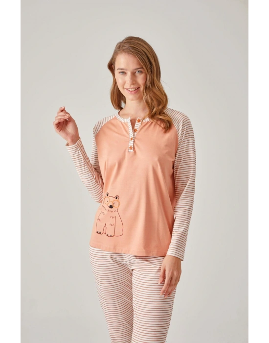 Turuncu Çizgili Raglan Kol Baskılı Modal Pamuk Kadın Pijama Takımı