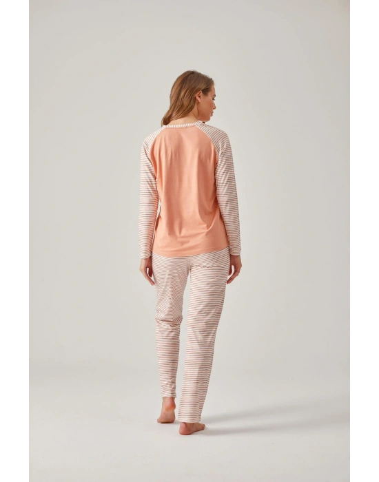 Turuncu Çizgili Raglan Kol Baskılı Modal Pamuk Kadın Pijama Takımı
