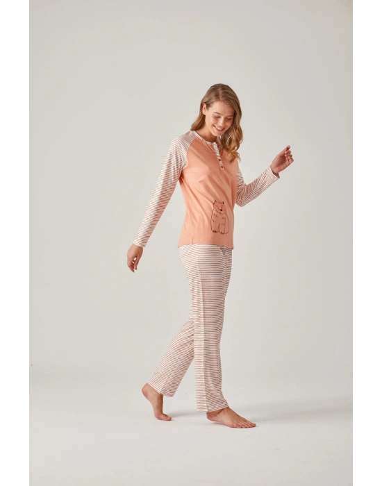 Turuncu Çizgili Raglan Kol Baskılı Modal Pamuk Kadın Pijama Takımı