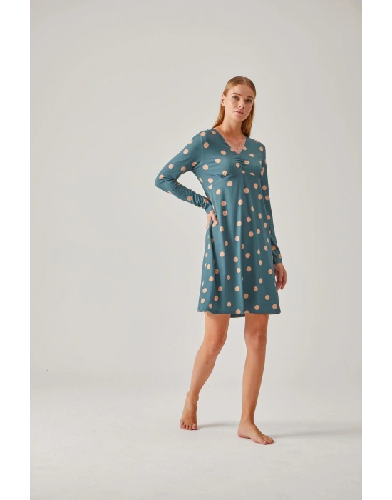 Yeşil Puantiye Desenli Dantelli Viskon Kadın Gecelik