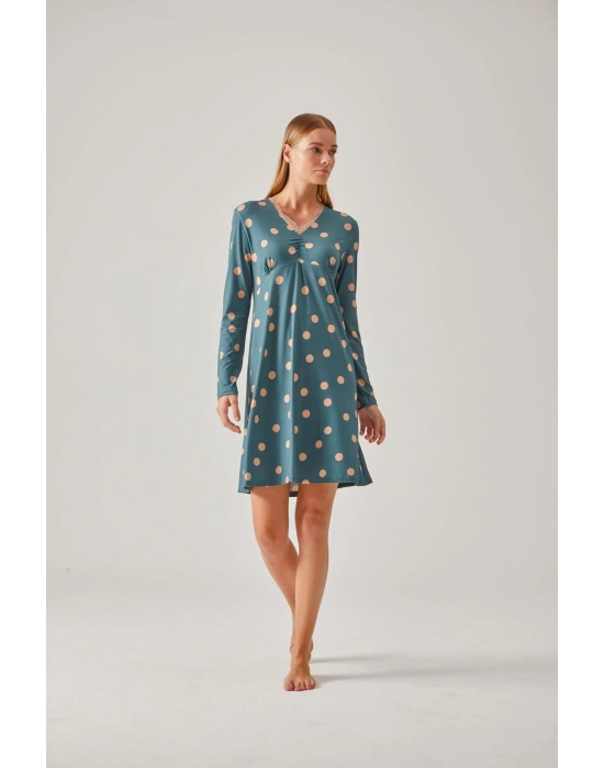 Yeşil Puantiye Desenli Dantelli Viskon Kadın Gecelik