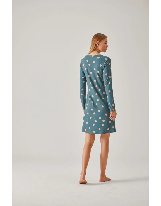 Yeşil Puantiye Desenli Dantelli Viskon Kadın Gecelik