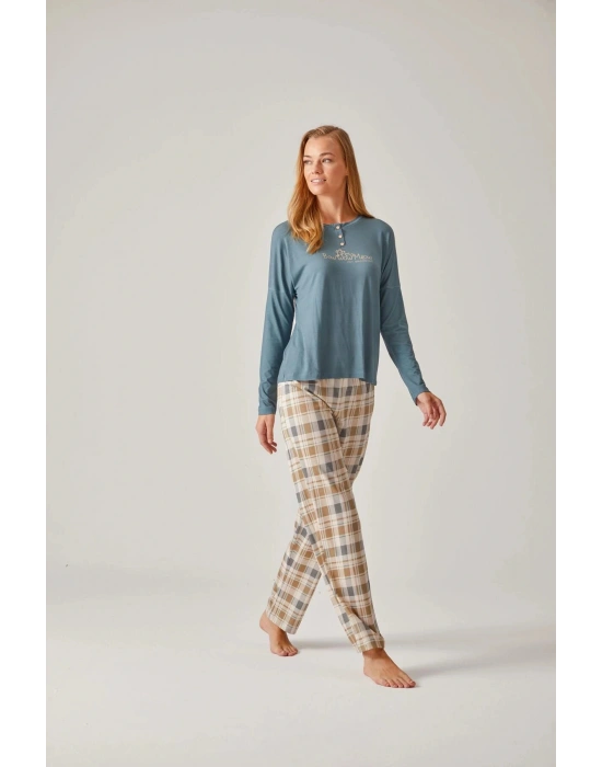 Yeşil Bisiklet Yaka Baskılı & Ekose Pantolon Modal Pamuk Kadın Pijama Takımı