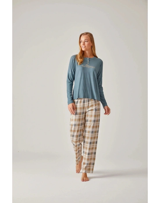 Yeşil Bisiklet Yaka Baskılı & Ekose Pantolon Modal Pamuk Kadın Pijama Takımı