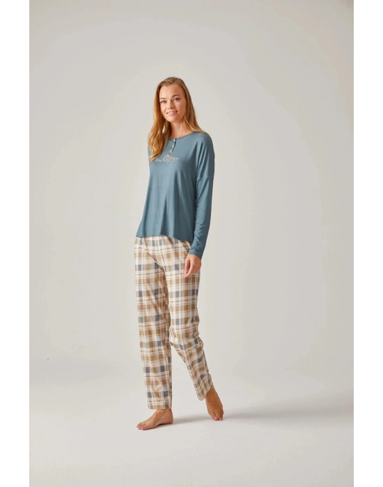 Yeşil Bisiklet Yaka Baskılı & Ekose Pantolon Modal Pamuk Kadın Pijama Takımı