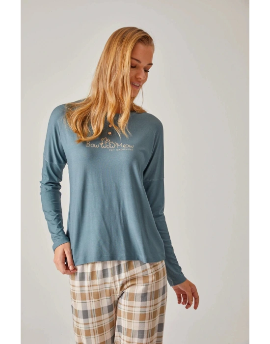 Yeşil Bisiklet Yaka Baskılı & Ekose Pantolon Modal Pamuk Kadın Pijama Takımı