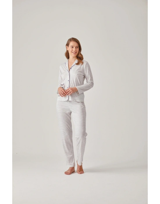 Gri Çizgili Önden Düğmeli Baskılı Modal Pamuk Kadın Pijama Takımı