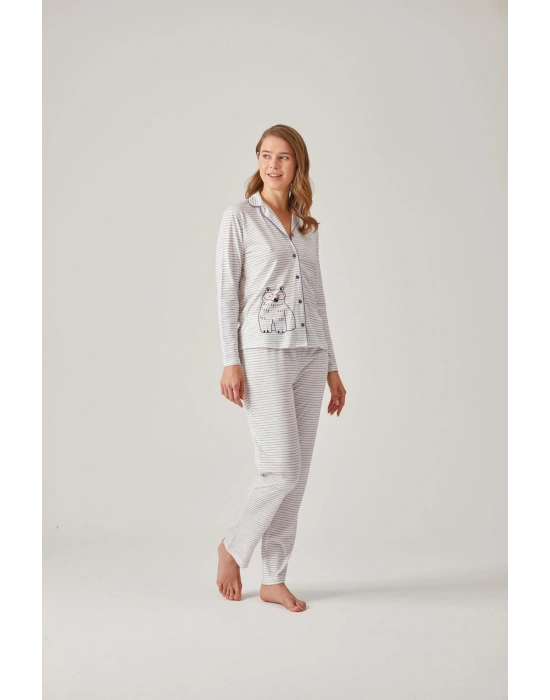 Gri Çizgili Önden Düğmeli Baskılı Modal Pamuk Kadın Pijama Takımı