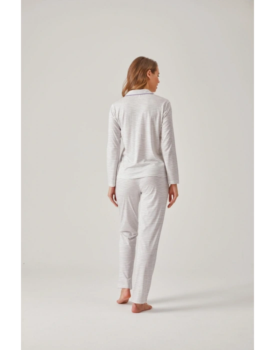 Gri Çizgili Önden Düğmeli Baskılı Modal Pamuk Kadın Pijama Takımı