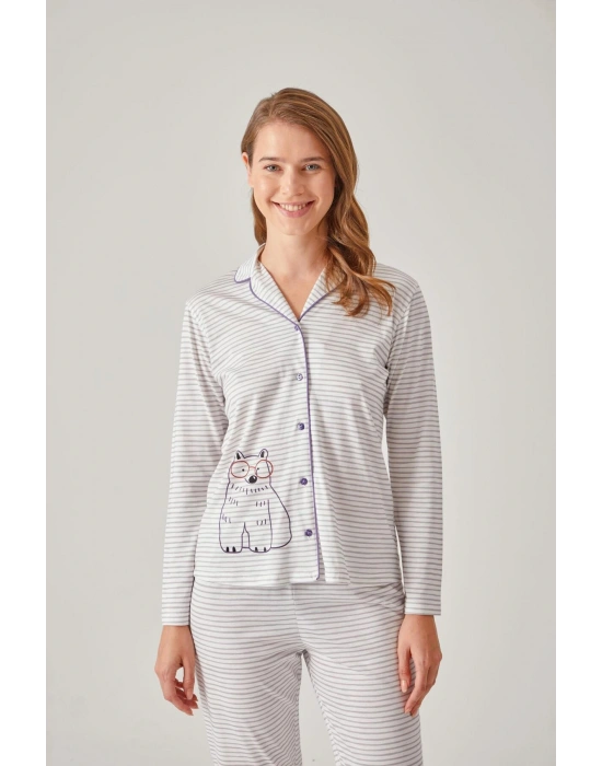 Gri Çizgili Önden Düğmeli Baskılı Modal Pamuk Kadın Pijama Takımı