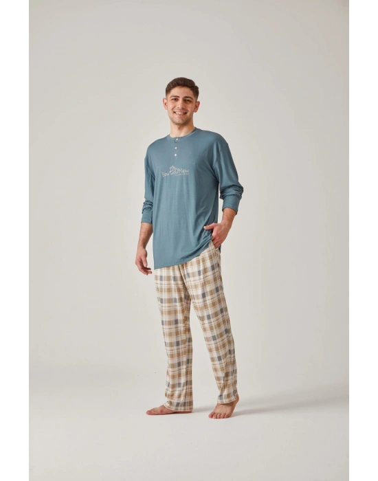 Yeşil Baskılı Tişört & Yeşil Ekose Modal Pamuk Erkek Pijama Takımı