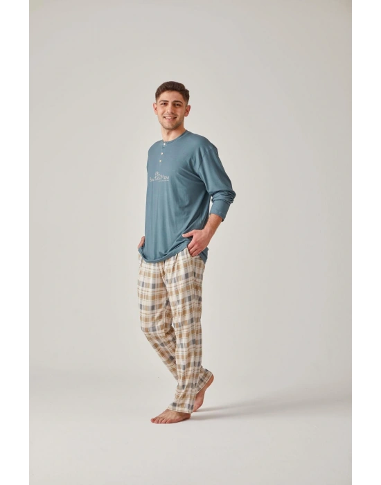 Yeşil Baskılı Tişört & Yeşil Ekose Modal Pamuk Erkek Pijama Takımı