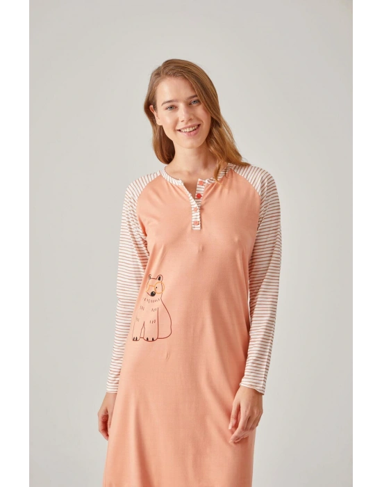 Turuncu Çizgili Raglan Kollu Baskılı Modal Pamuk Kadın Gecelik