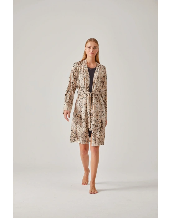 Leopar Desen Viskon Kadın Sabahlık