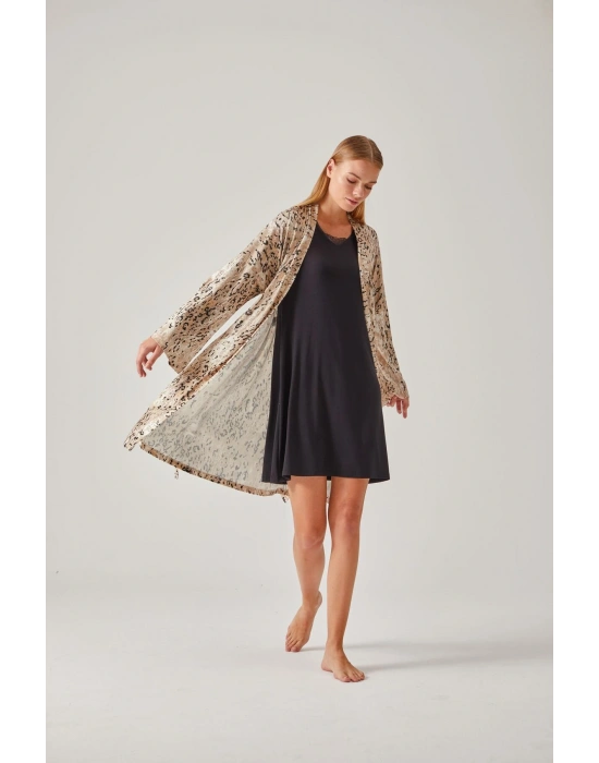 Leopar Desen Viskon Kadın Sabahlık