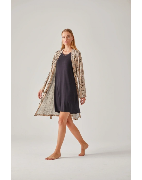 Leopar Desen Viskon Kadın Sabahlık